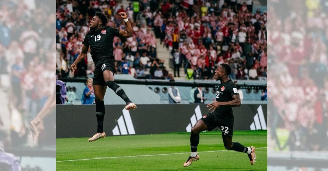 Alphonso Davies (left) celebrates his goal for Canada against Croatia. Photo: Twitter/ @CanadaSoccerEN