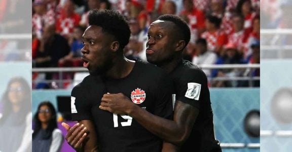Canada's Alphonso Davies celebrates with teammate after scoring Canada's first goal at World Cup. Photo: Twitter/FIFA World Cup Canada's Alphonso Davies celebrates with teammate after scoring Canada's first goal at World Cup. Photo: Twitter/FIFA World Cup