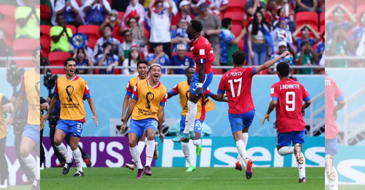 Costa Rica players celebrate their goal against Japan. Photo: FIFA World Cup