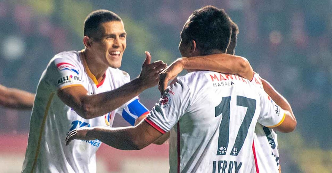 East Bengal players celebrate a goal. Photo: ISL