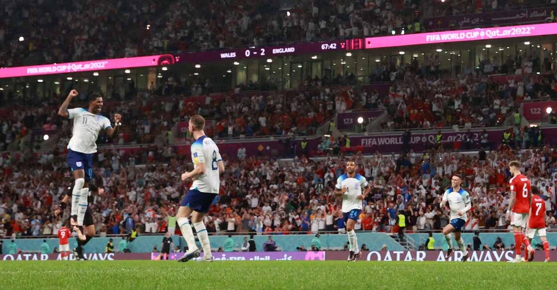 England's Marcus Rashford celebrates scoring their second goal with teammates. Photo: Reuters/Hannah Mckay