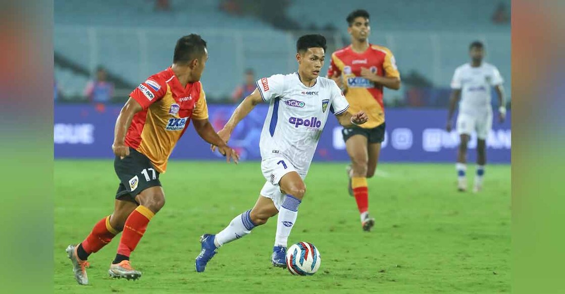 Action between Chennaiyin FC (white) and East Bengal in the Indian Super League. Photo: ISL