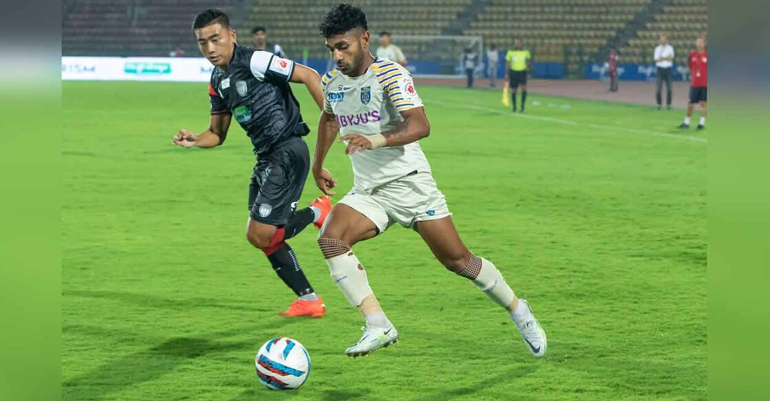 Rahul KP of Kerala Blasters (white) in action against NorthEast United in Guwahati on Saturday. Photo: ISL