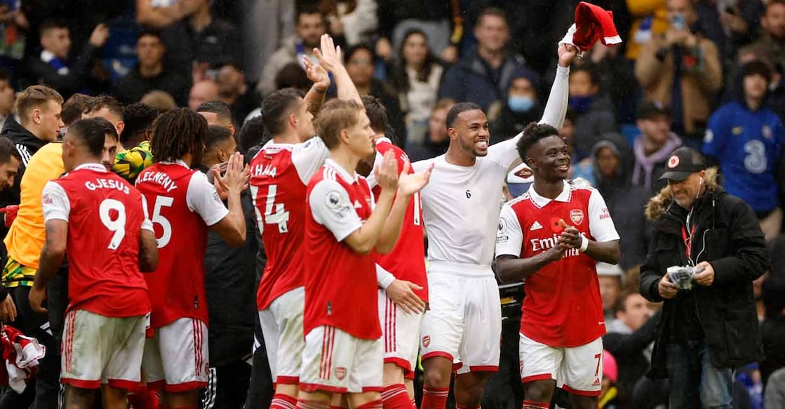 Arsenal's Bukayo Saka and Gabriel celebrate after the match. Photos: Reuters/ John Sibley