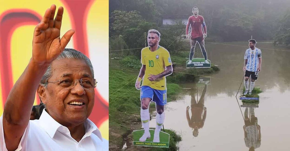 Kerala Chief Minister Pinarayi Vijayan (left). The cut-outs of Neymar, Ronaldo and Messi erected at Cherupuzha River at Pullavoor in Kozhikode district of Kerala. 