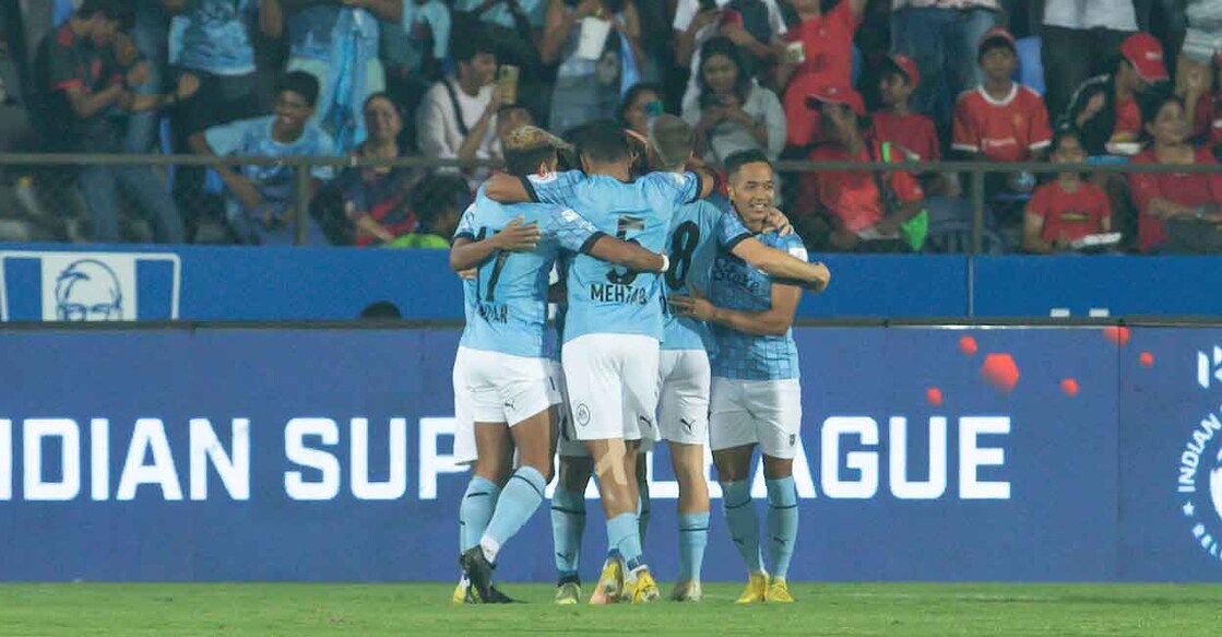 Mumbai City FC players celebrate a goal. Photo: ISL
