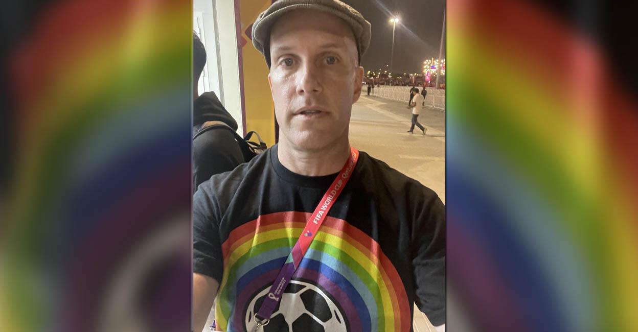 A selfie shows Grant Wahl with a T-shirt supporting LGBTQ rights. File photo: Grant Wahl via Twitter/via Reuters
