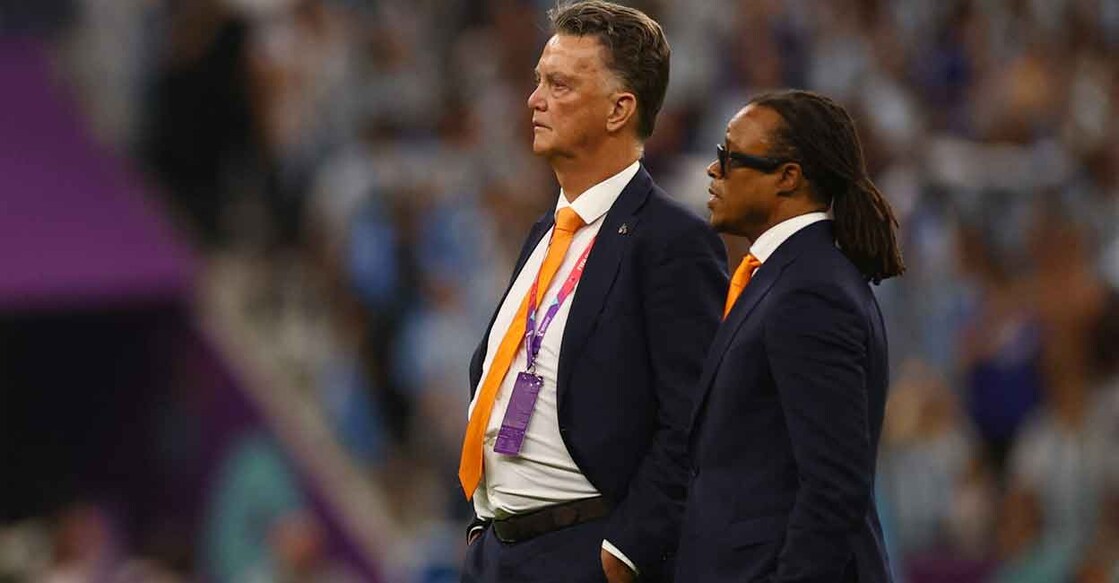 Netherlands coach Louis van Gaal and his deputy Edgar Davids look dejected after the loss to Argentina. Photo: Reuters/Kai Pfaffenbach