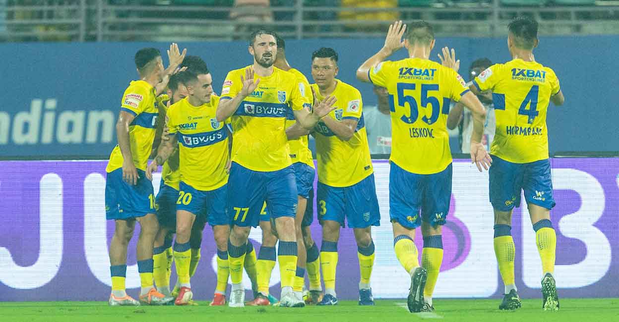 Kerala Blasters Kerala Blasters players celebrate a goal. Photo: ISL