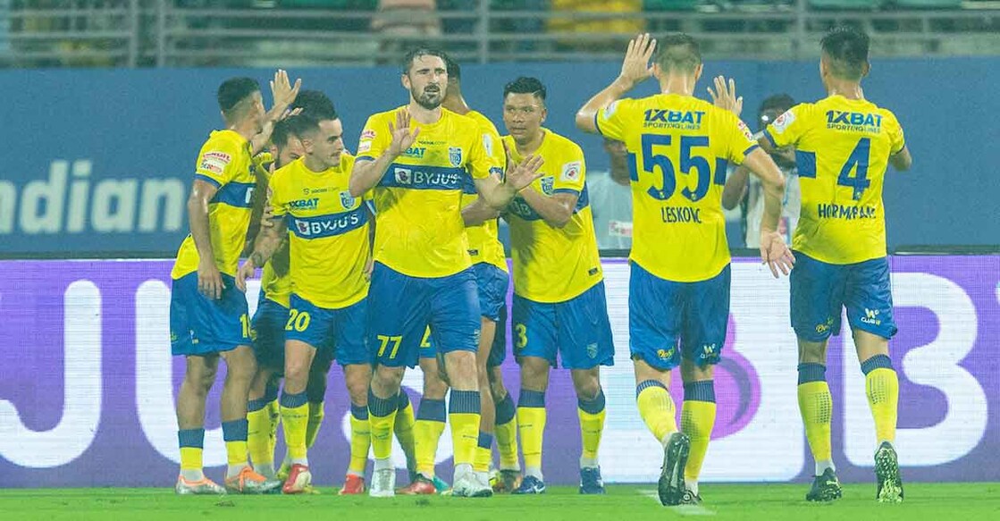 Kerala Blasters players celebrate a goal. Photo: ISL