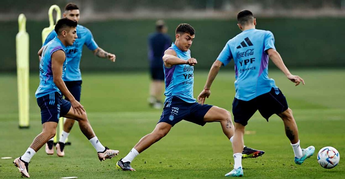 Argentina's Paulo Dybala, second right, in action with teammates during a training session in Doha on Saturday. Photo: Reuters/Hamad I Mohammed