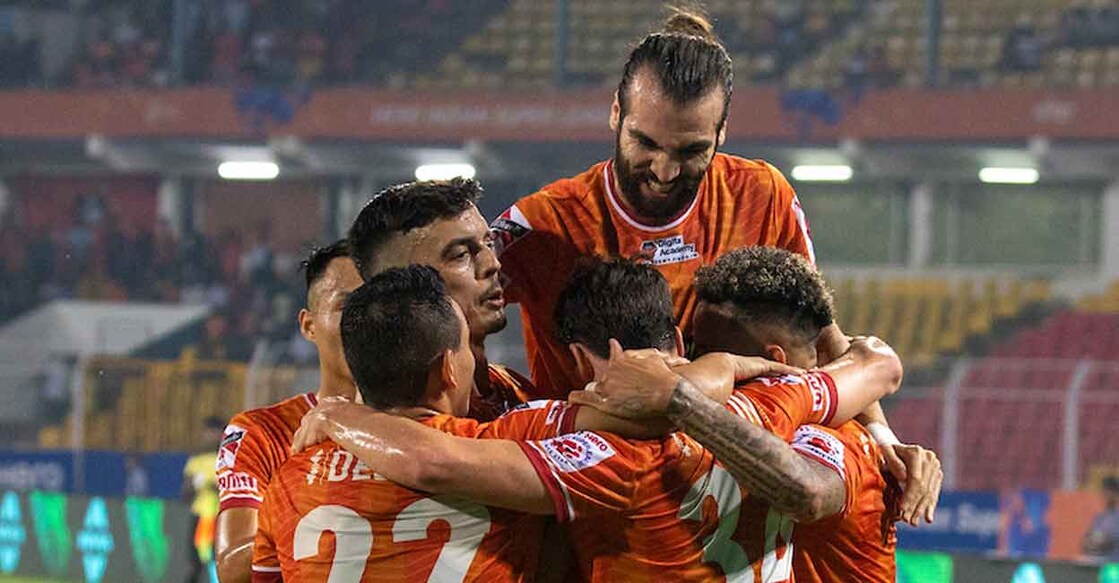 FC Goa players celebrate their opening goal. Photo: ISL