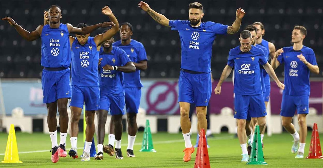 French players during a training session in Doha on Friday. Photo: Reuters/Bernadett Szabo