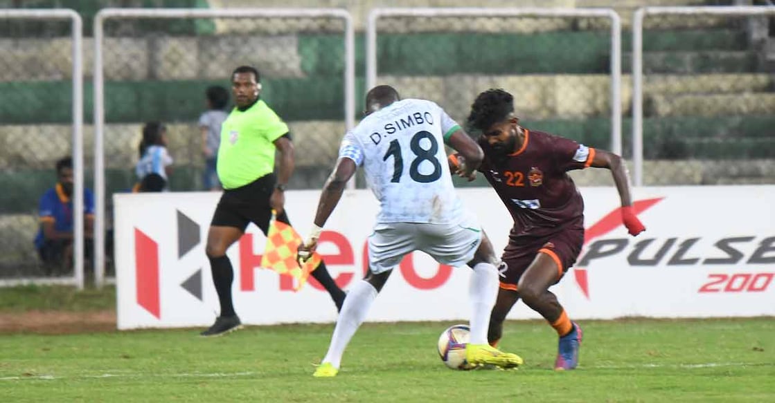 Action between RoundGlass Punjab FC (white) and Gokulam Kerala in the I-League at Tau Devi Lal Stadium in Panchkula, Haryana on Wednesday. Photo: Special arrangement