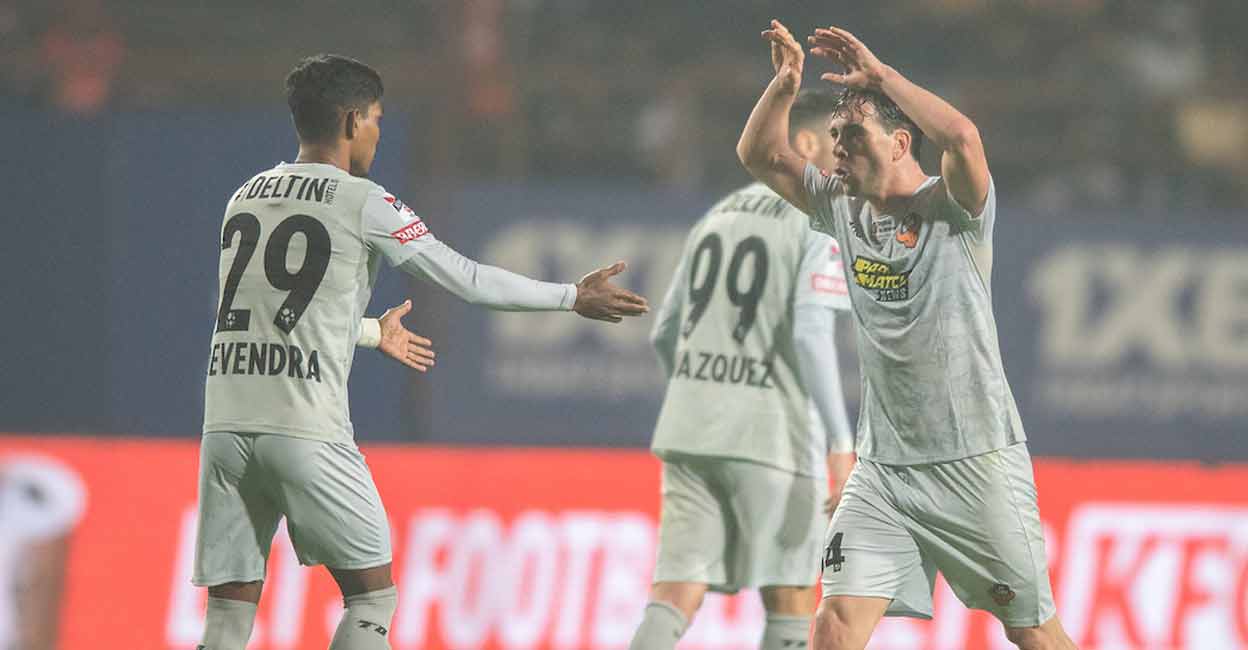 Guarrotxena FC Goa's Guarrotxena (right) celebrates his goal against Jamshedpur FC. Photo: ISL