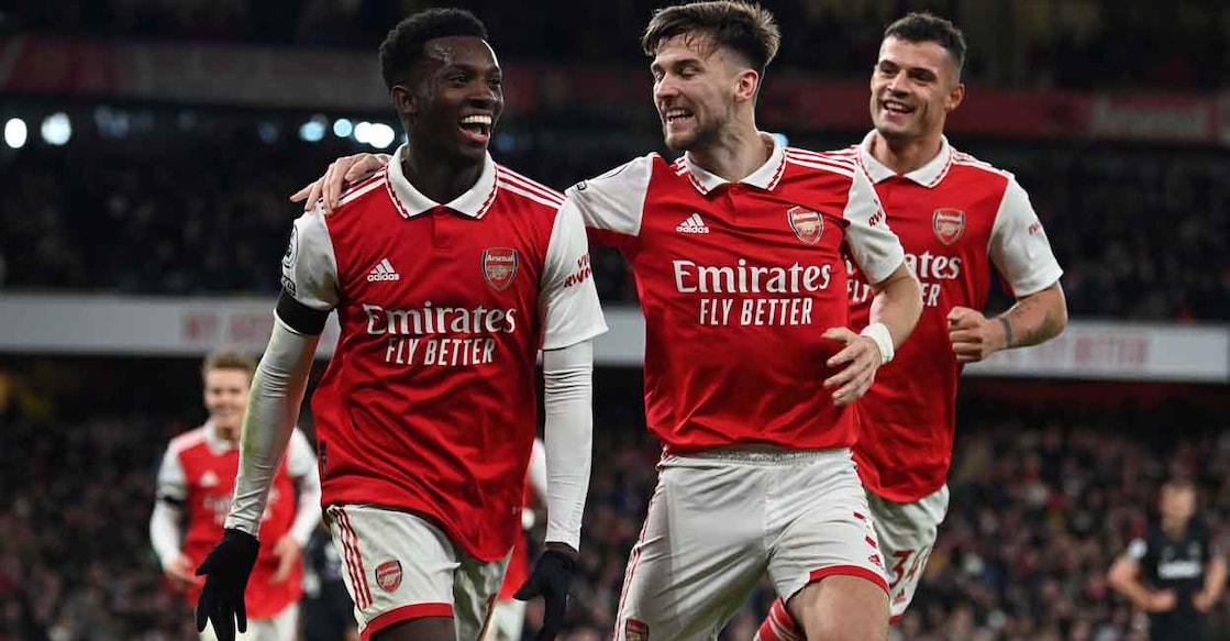 Arsenal's Eddie Nketiah celebrates with teammates after scoring their third goal. Photo: AFP/Glyn Kirk