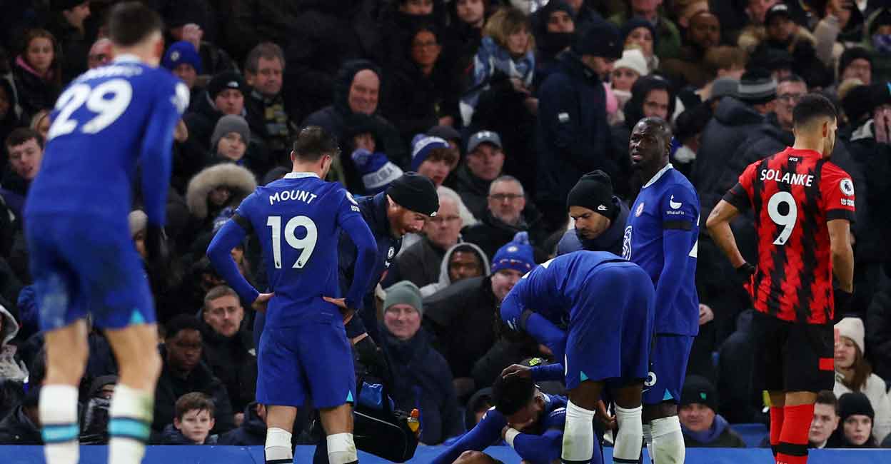 Reece James Chelsea's Reece James looks dejected after sustaining an injury as Mason Mount and Kalidou Koulibaly look on. Photo: Reuters/David Klein