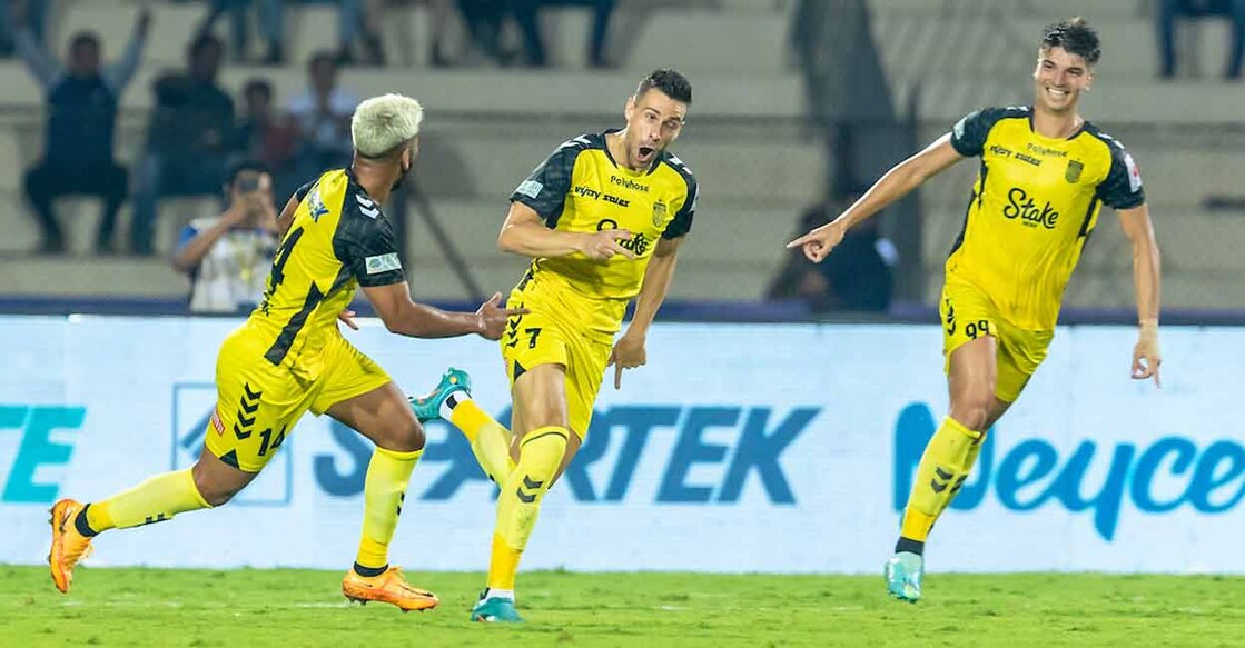 Hyderabad players celebrate a goal against NorthEast United. Photo: ISL