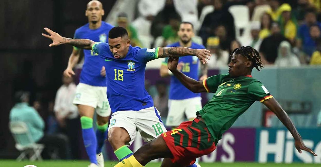 Brazil's Gabriel Jesus and Cameroon's Christopher Wooh fight for the ball. Photo: AFP/Jewel Samad