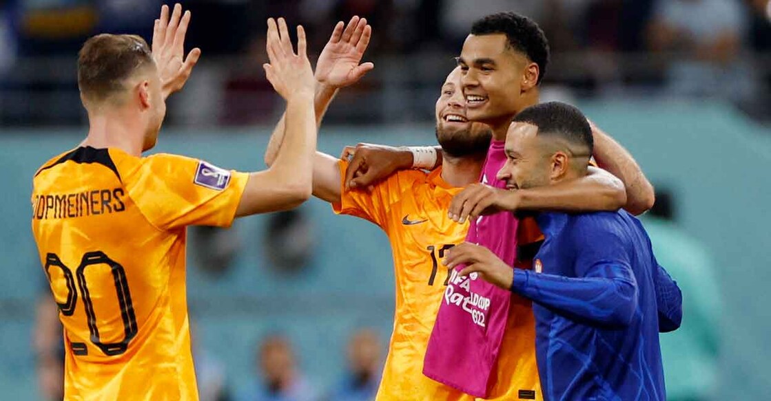 Dutch players celebrate their win over the US in the pre-quarterfinals. Photo: Reuters/John Sibley