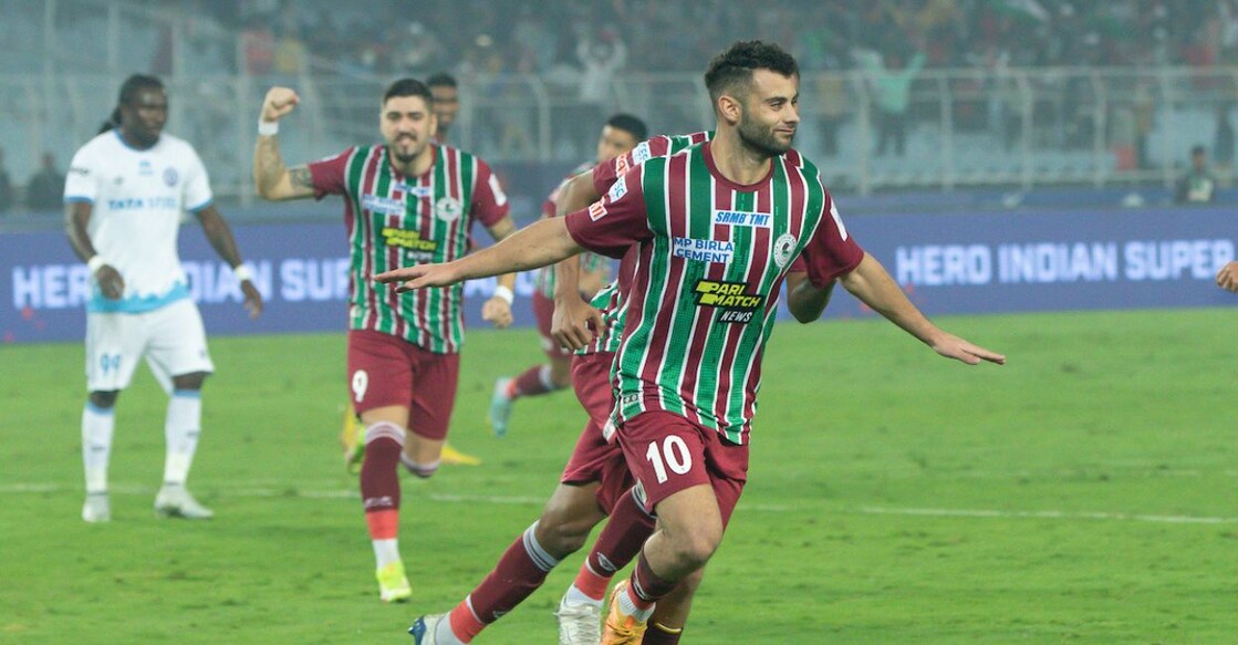 ATK Mohun Bagan's Hugo Boumous celebrates after scoring a penalty in the 90th minute of the game against Jamshedpur FC. Photo: Special Arrangement