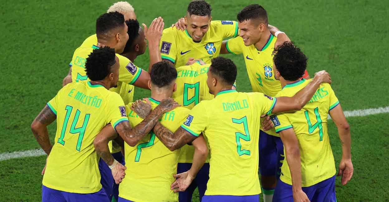 Brazil Brazilian players celebrate their third goal against South Korea. File photo: Reuters/Pedro Nunes