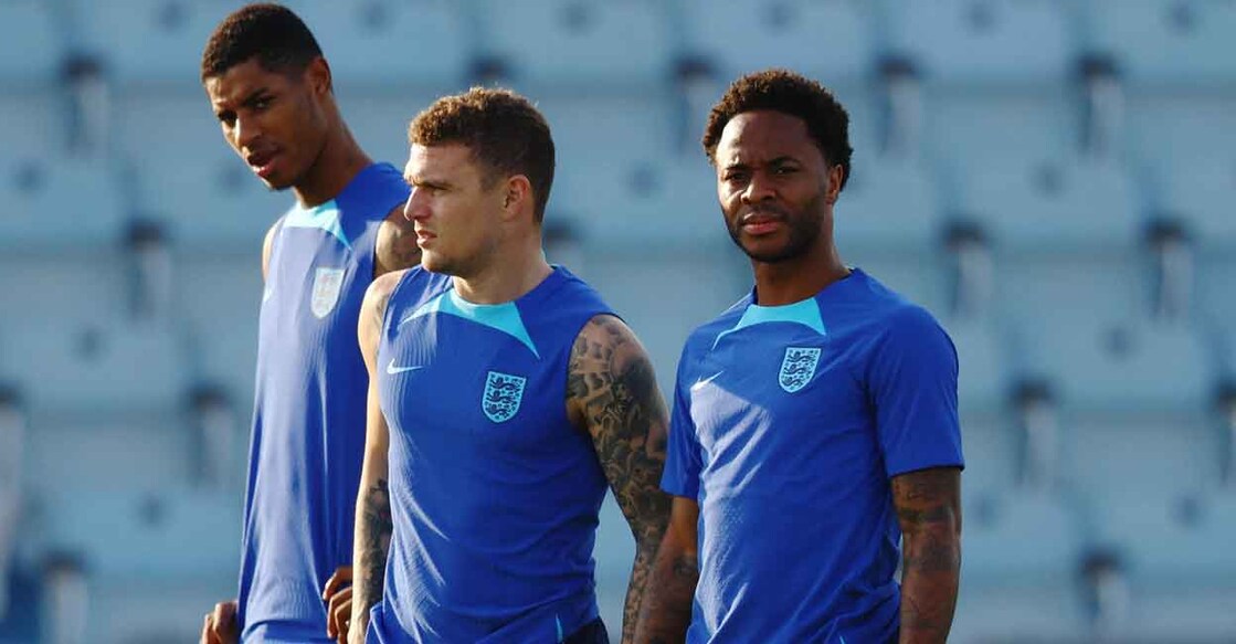 From left: England's Marcus Rashford, Kieran Trippier and Raheem Sterling during a training session. File photo: Reuters/Hannah Mckay