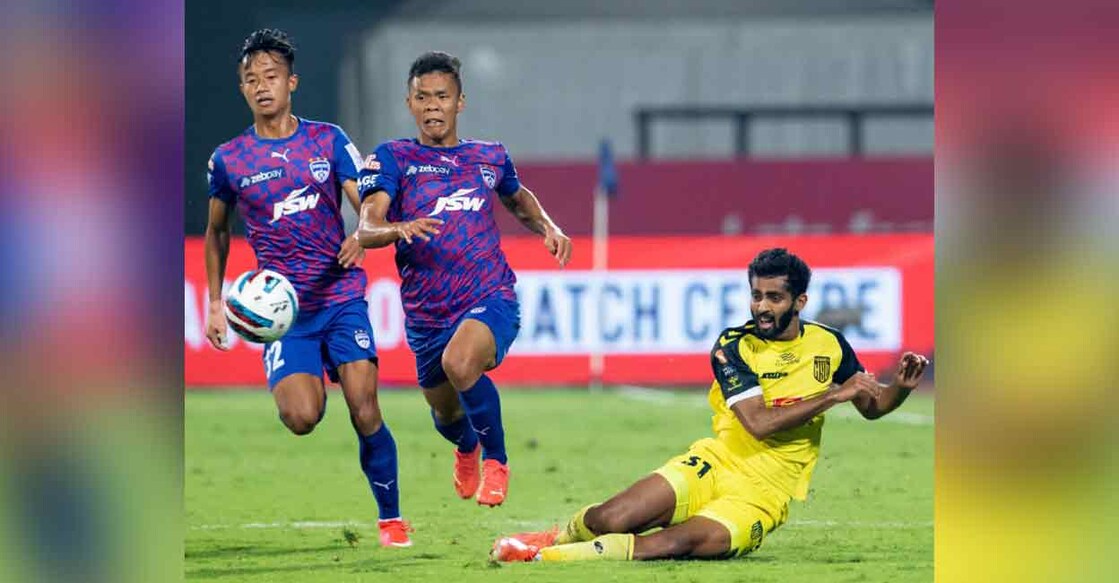 Action between Hyderabad FC (yellow) and Bengaluru FC in the Indian Super League on Friday. Photo: Twitter/ @IndSuperLeague