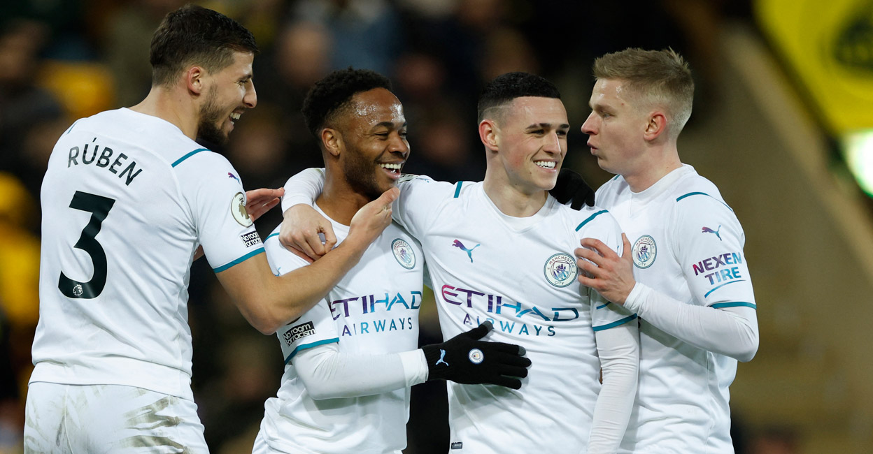 Raheem Sterling Manchester City's Raheem Sterling, second left, celebrates with teammates after scoring their third goal. Photo: Action Images via Reuters/John Sibley