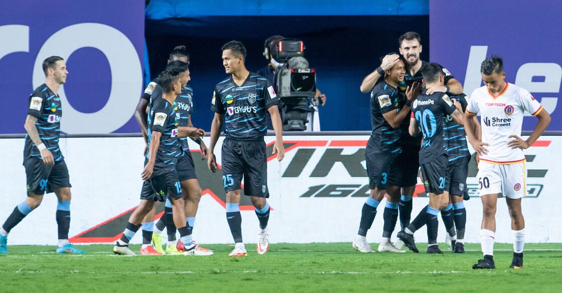 Kerala Blasters players celebrate their win over SC East Bengal. Photo: ISL