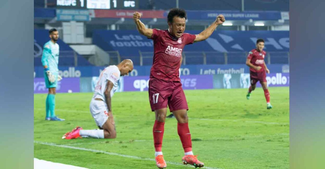 Laldanmawia Ralte celebrates his winner for NorthEast United against Bengaluru FC in the Indian Super League on Friday. Photo: Twitter/ @IndSuperLeague
