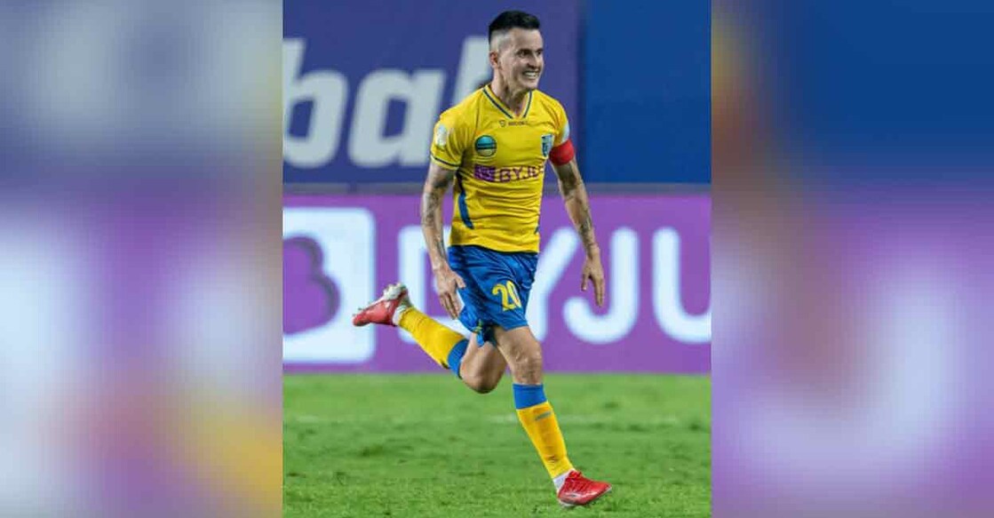 Kerala Blasters' Adrian Luna celebrates one of his two goals against ATK Mohun Bagan in the Indian Super League on Saturday. Photo: Twitter/ @IndSuperLeague