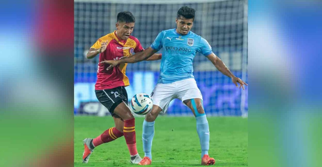 Action between Mumbai City (blue) and East Bengal in the Indian Super League on Tuesday. Photo: Twitter/ @IndSuperLeague