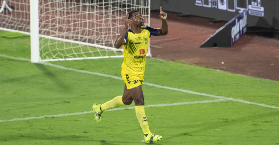 Bart Ogbeche celebrates a goal for Hyderabad FC against his former club Kerala Blasters. Photo: Twitter/ @IndSuperLeague