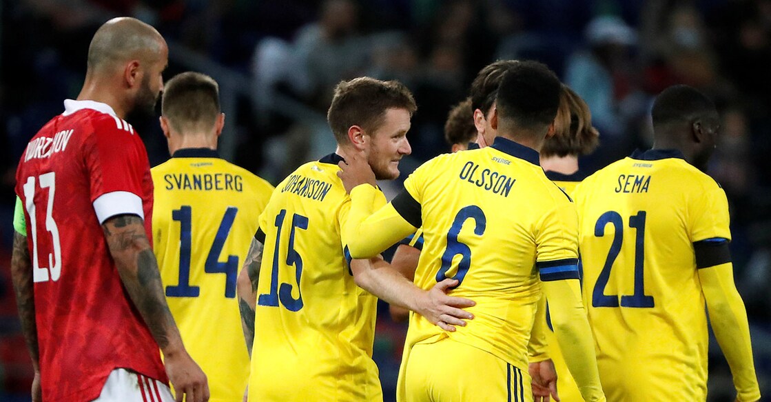 Sweden’s Mattias Johansson celebrates with teammates after scoring their second goal during a friendly against Russia in 2020. File photo: Reuters/Shamil Zhumatov
