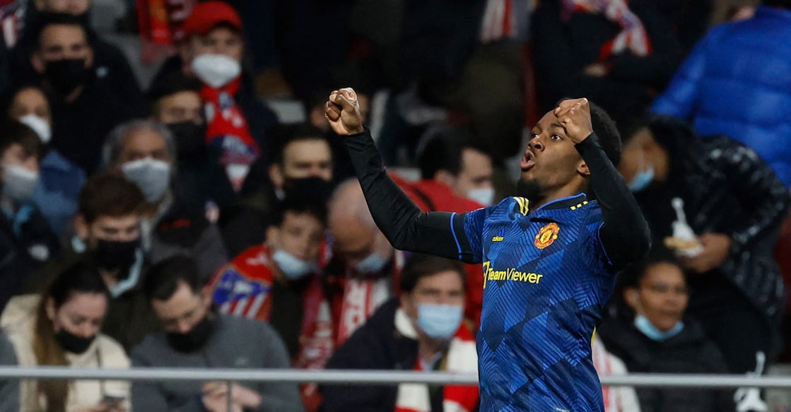 Manchester United's Anthony Elanga celebrates scoring their equaliser. Photo: Reuters/Juan Medina