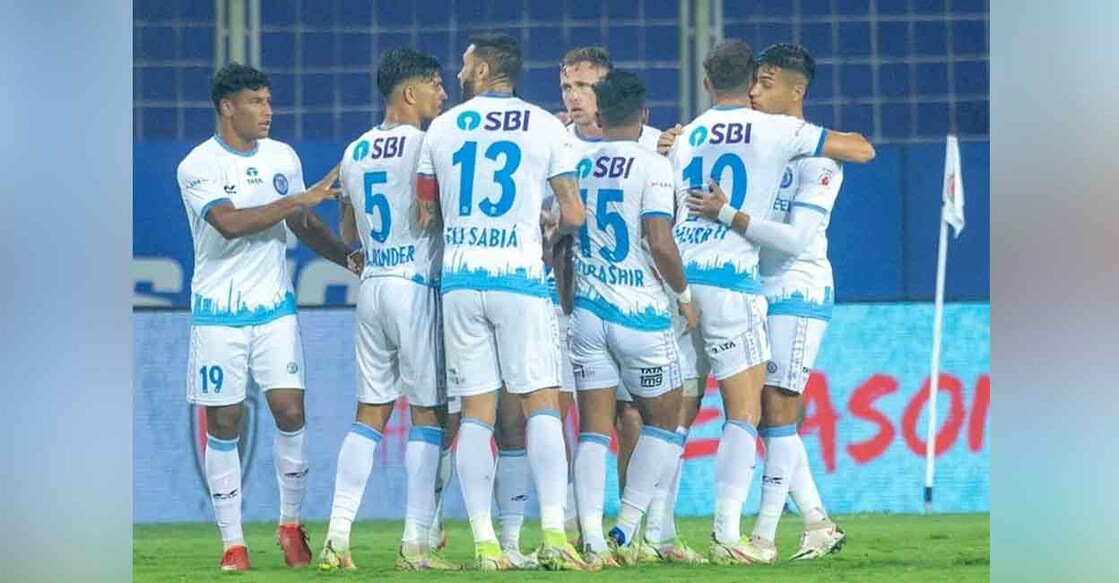 Jamshedpur FC players celebrate a goal against NorthEast United in the Indian Super League on Friday. Photo: Twitter/ @IndSuperLeague