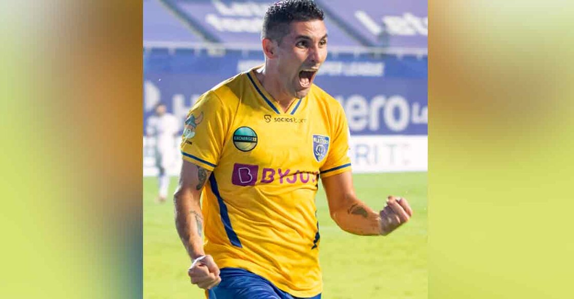 Jorge Diaz of Kerala Blasters celebrates his goal against Chennaiyin in the Indian Super League on Saturday. Photo: Twitter/ @IndSuperLeague