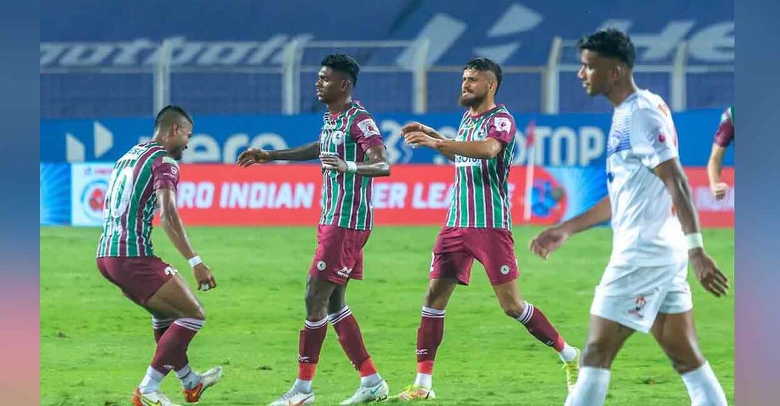 Players of ATK Mohun Bagan celebrate a goal against Bengaluru FC. Photo: ISL