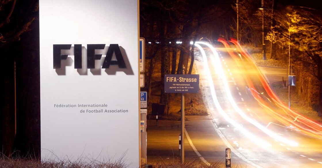 FIFA A long exposure shows FIFA's logo near its headquarters in Zurich, Switzerland February 27, 2022. Photo: Arnd Wiegmann/Reuters