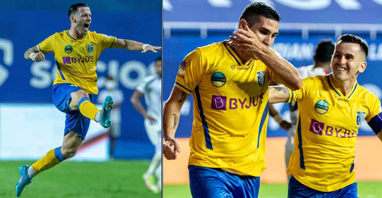 Kerala Blasters' Alvaro Vazquez celebrates his goal against NorthEast United. Jorge Diaz (left) celebrates his goal with Adrian Luna. Photos: Twitter/ @IndSuperLeague