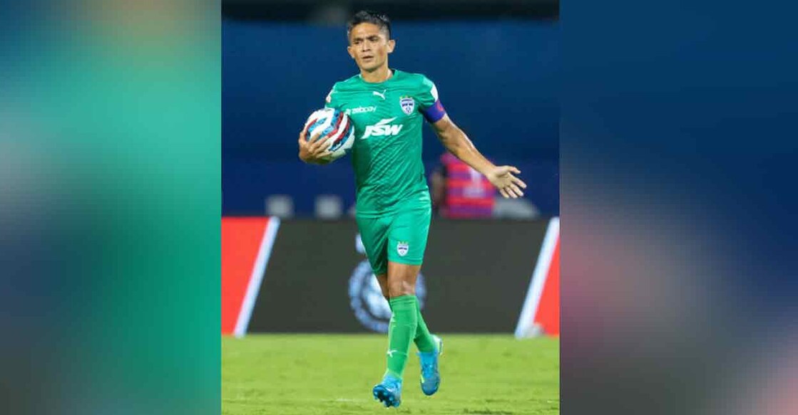 Bengaluru FC captain Sunil Chhetri celebrates scoring against Jamshedpur FC in an Indian Super League match on Saturday. Photo: Twitter/ @IndSuperLeague