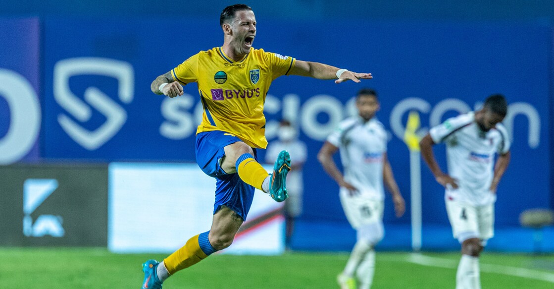 Alvaro Vazquez is pumped up after soring a sensational goal. Photo: ISL