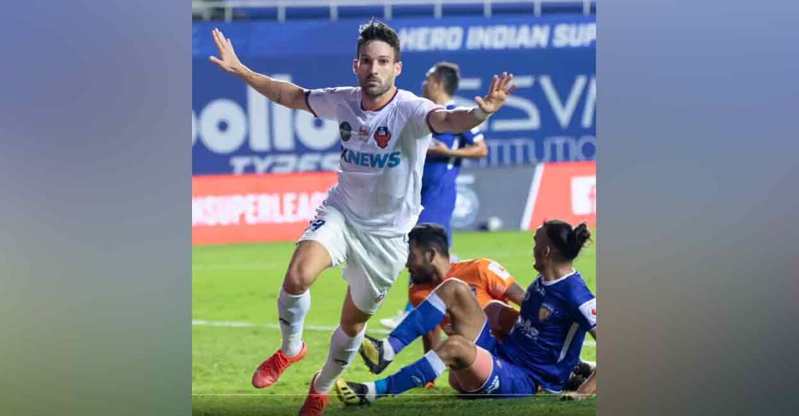 Jorge Ortiz celebrates scoring one of his three goals for FC Goa against Chennaiyin FC in the Indian Super League on Wednesday. Photo: Twitter/ @IndSuperLeague