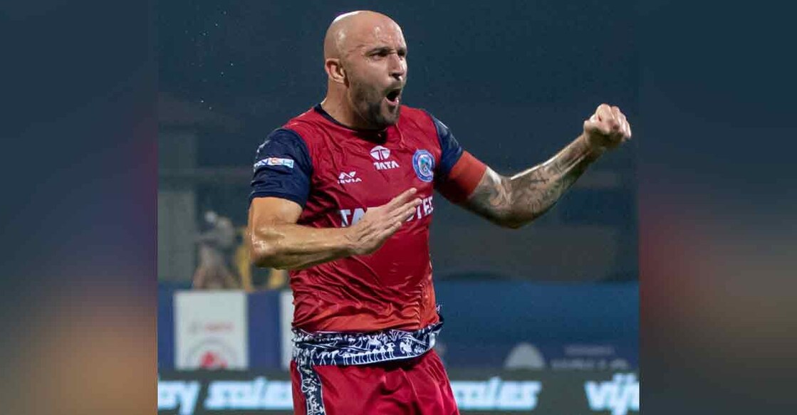 Peter Hartley celebrates his goal for Jamshedpur FC against Hyderabad in the Indian Super League on Tuesday. Photo: Twitter/ @IndSuperLeague