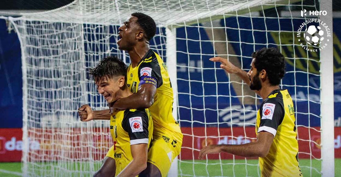 Hyderabad FC players celebrate their win against ATK Mohun Bagan in the 1st leg of their semi-finals battle. Photo: ISL/Twitter