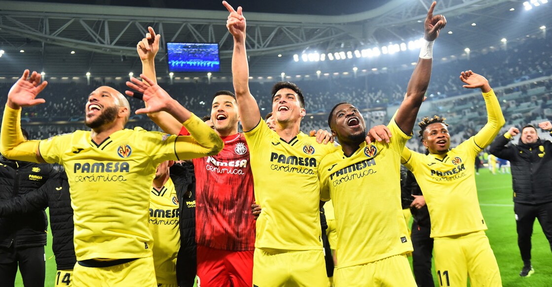 Villarreal players celebrate after the match. Photo: Reuters/Massimo Pinca