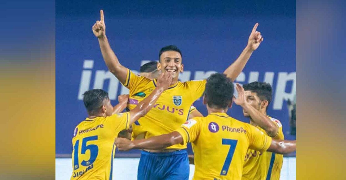 Kerala Blasters' midfielder Sahal Abdul Samad celebrates his goal against Mumbai City in the Indian Super League. Photo: Twitter/ @IndSuperLeague