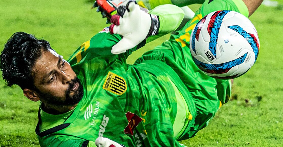 Lady Luck smiled on the brave Laxmikant Kattimani in the penalty shootout. Photo: Twitter/ISL