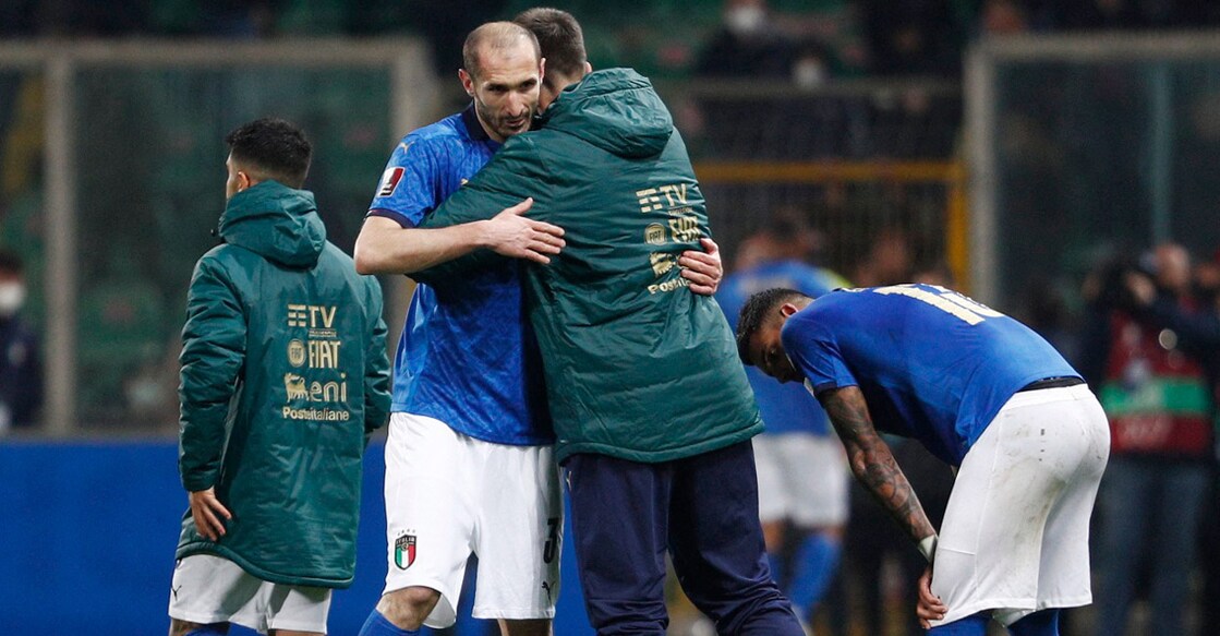 Italy's veteran defender Giorgio Chiellini reacts after the match. Photo: Reuters/Guglielmo Mangiapane